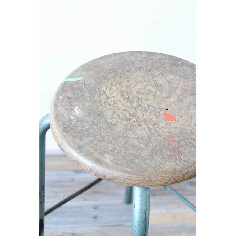 Mid-Century French Wood & Metal Industrial Stool - 1960s