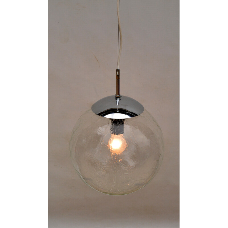 Vintage pendant lamp in transparent glass and chrome steel for Polam Lighting Equipment, Poland 1970