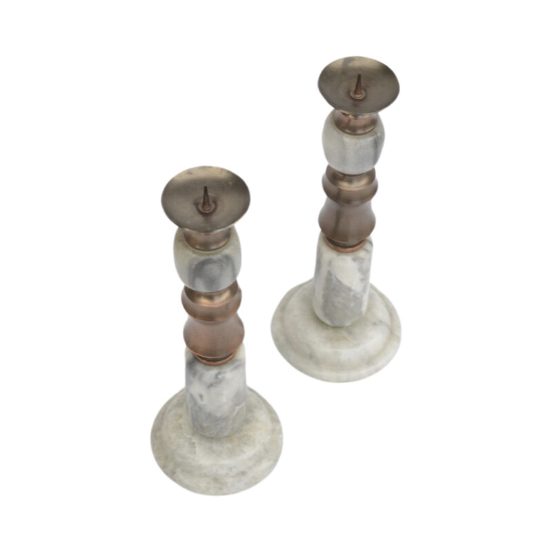 Pair of vintage marble finished stone and brass candlestick, Italy 1970