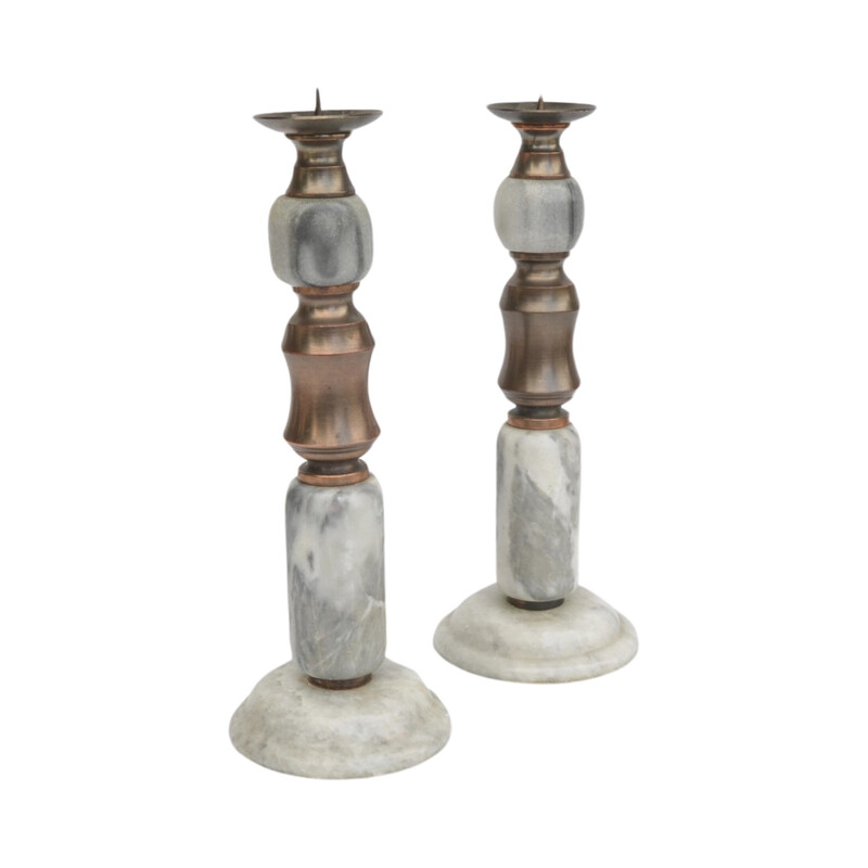 Pair of vintage marble finished stone and brass candlestick, Italy 1970