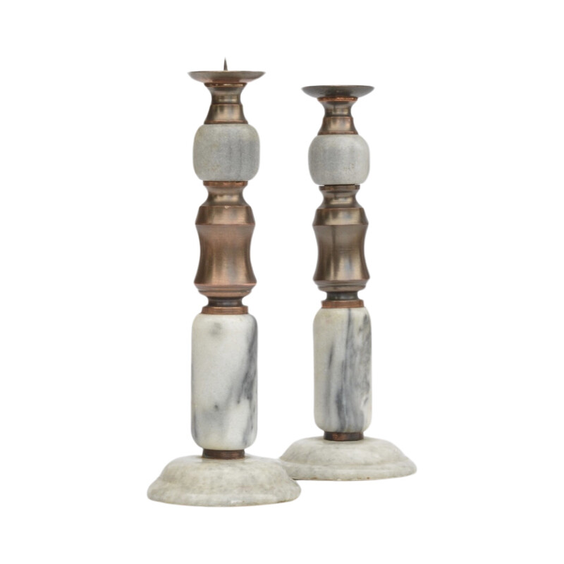 Pair of vintage marble finished stone and brass candlestick, Italy 1970