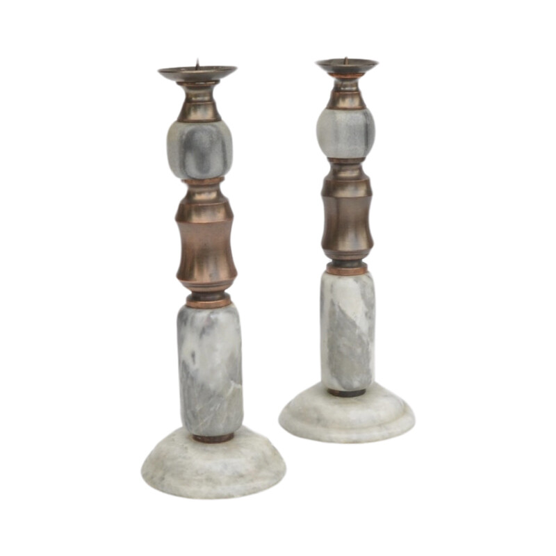 Pair of vintage marble finished stone and brass candlestick, Italy 1970