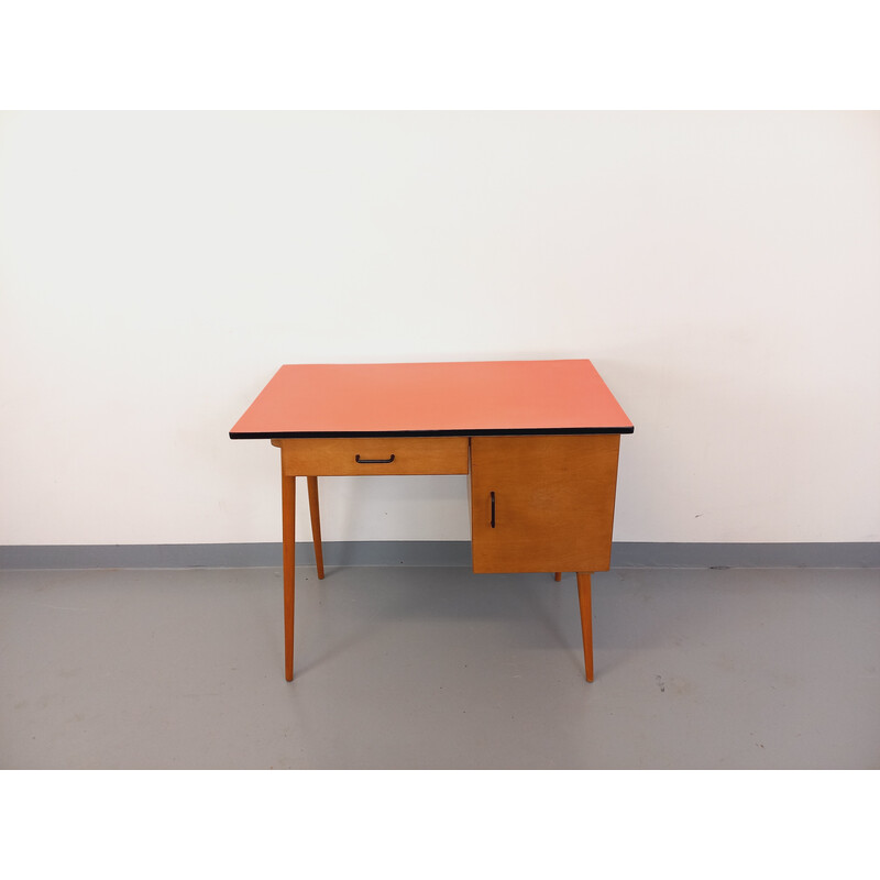 Vintage Baumann desk in wood and salmon red formica, 1950