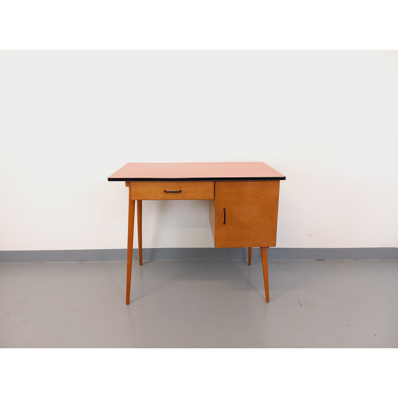 Vintage Baumann desk in wood and salmon red formica, 1950