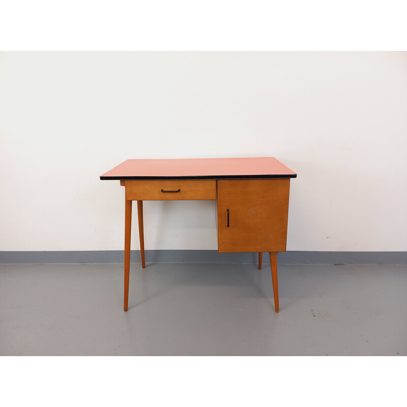 Vintage Baumann desk in wood and salmon red formica, 1950