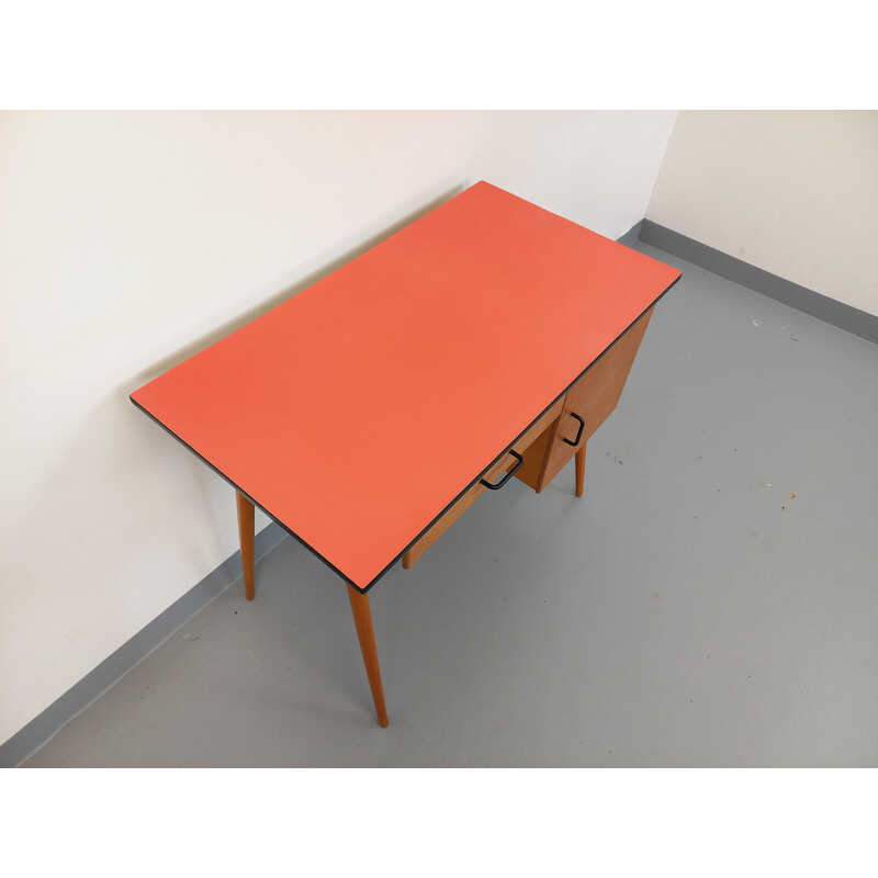 Vintage Baumann desk in wood and salmon red formica, 1950