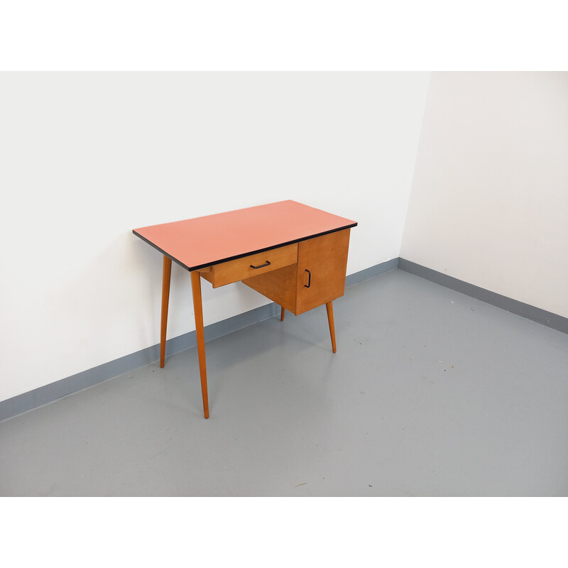 Vintage Baumann desk in wood and salmon red formica, 1950