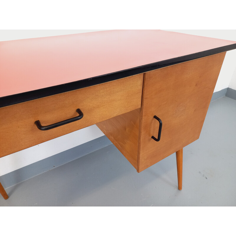 Vintage Baumann desk in wood and salmon red formica, 1950