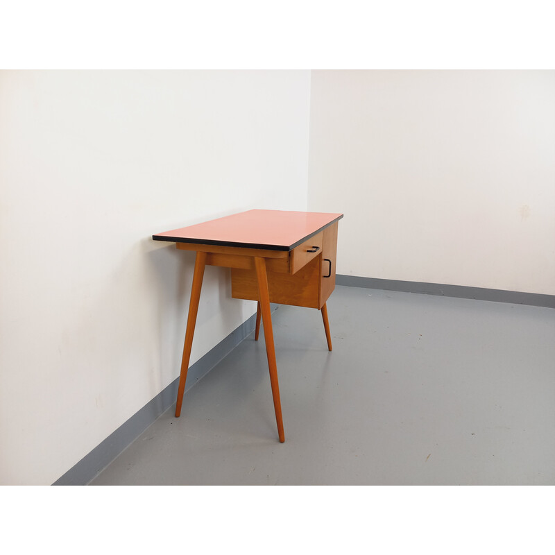 Vintage Baumann desk in wood and salmon red formica, 1950