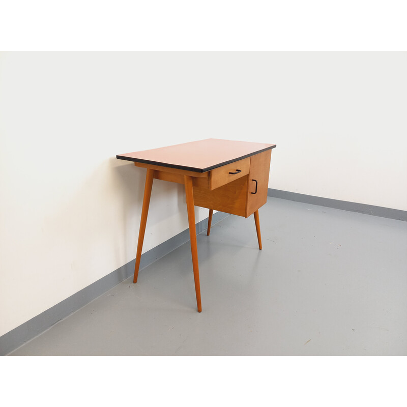 Vintage Baumann desk in wood and salmon red formica, 1950