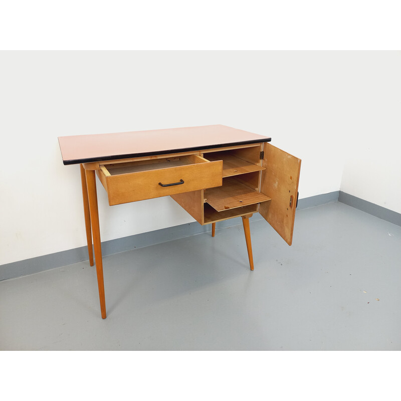 Vintage Baumann desk in wood and salmon red formica, 1950