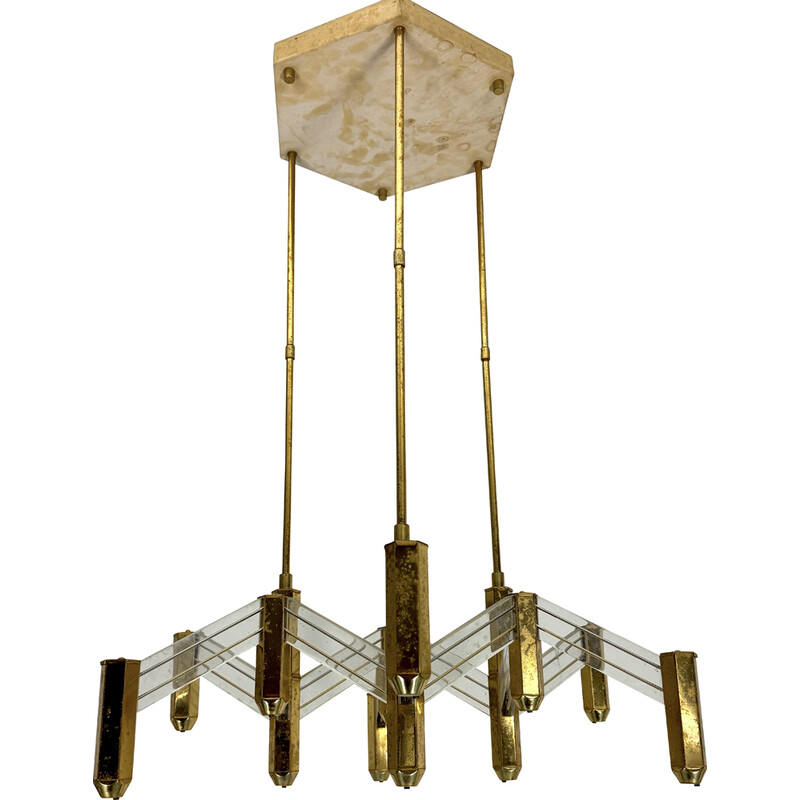 Vintage brass and plexiglass chandelier for Zeroquattro, Italy 1970