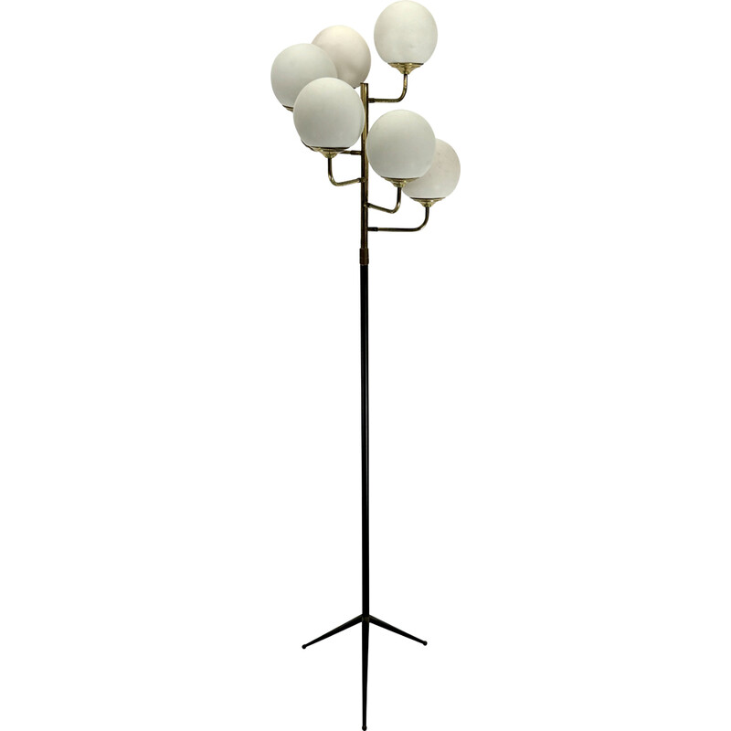 Vintage brass and opaline glass 6-arm floor lamp for Stilnovo, Italy 1950