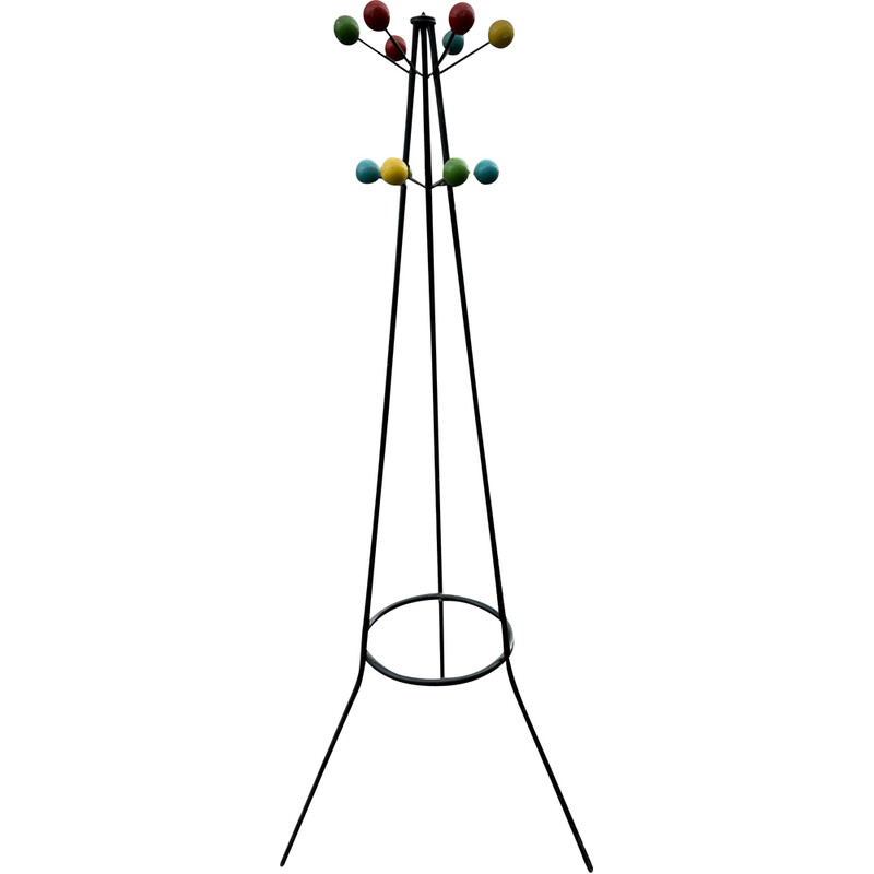 Vintage Atomic coat rack in metal and wooden ball, 1950