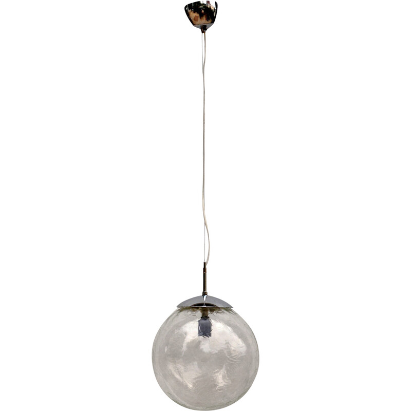 Vintage pendant lamp in transparent glass and chrome steel for Polam Lighting Equipment, Poland 1970