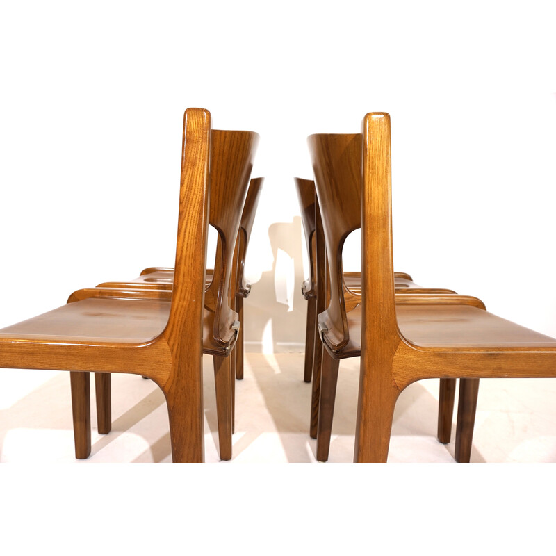 Set of 4 vintage honey-colored wooden dining chairs by Augusto Savini for Giuseppe Pozzi, Italy 1970