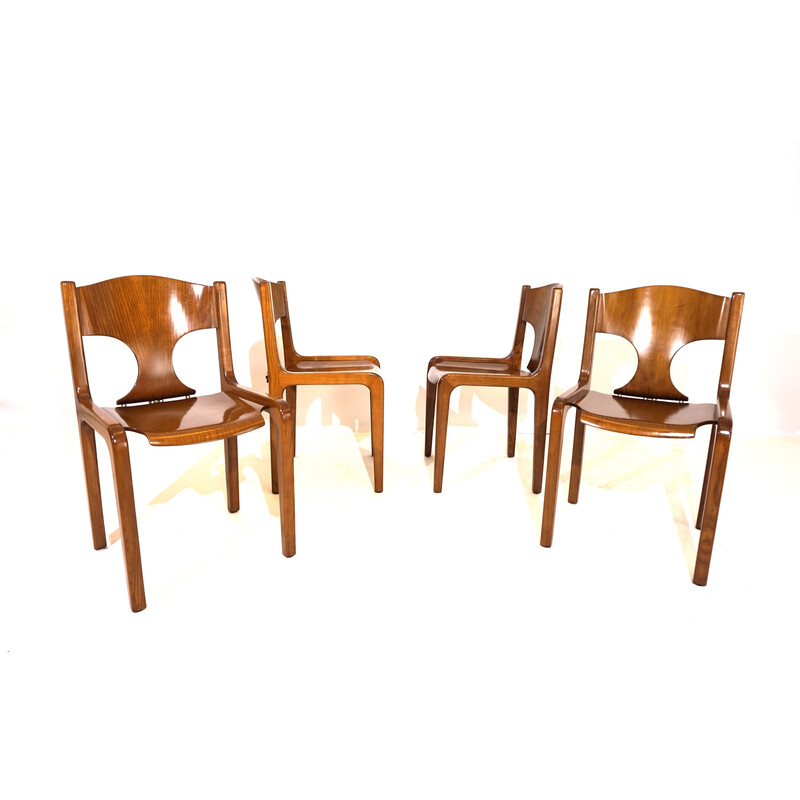 Set of 4 vintage honey-colored wooden dining chairs by Augusto Savini for Giuseppe Pozzi, Italy 1970