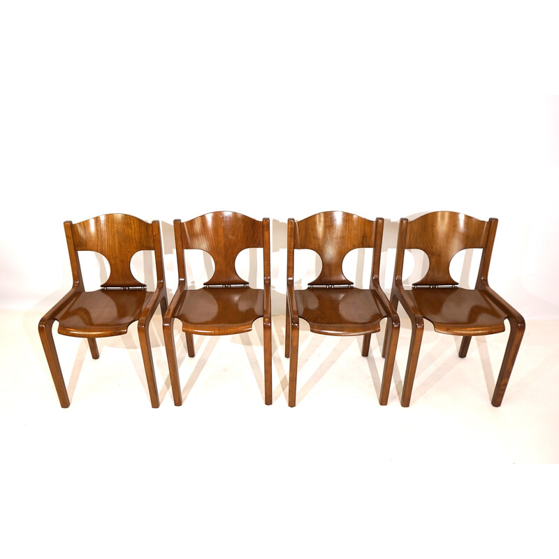 Set of 4 vintage honey-colored wooden dining chairs by Augusto Savini for Giuseppe Pozzi, Italy 1970