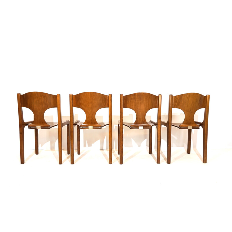 Lot de 4 chaises à repas vintage en bois de couleur miel par Augusto Savini pour Giuseppe Pozzi, Italie 1970