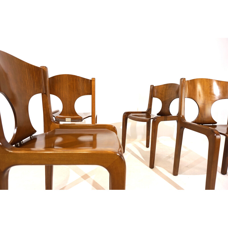 Lot de 4 chaises à repas vintage en bois de couleur miel par Augusto Savini pour Giuseppe Pozzi, Italie 1970