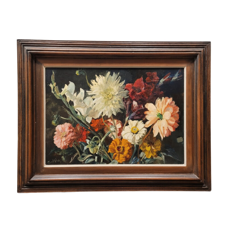 Óleo vintage sobre painel representando uma natureza morta e um ramo de flores por Paul Robert Bazé, França