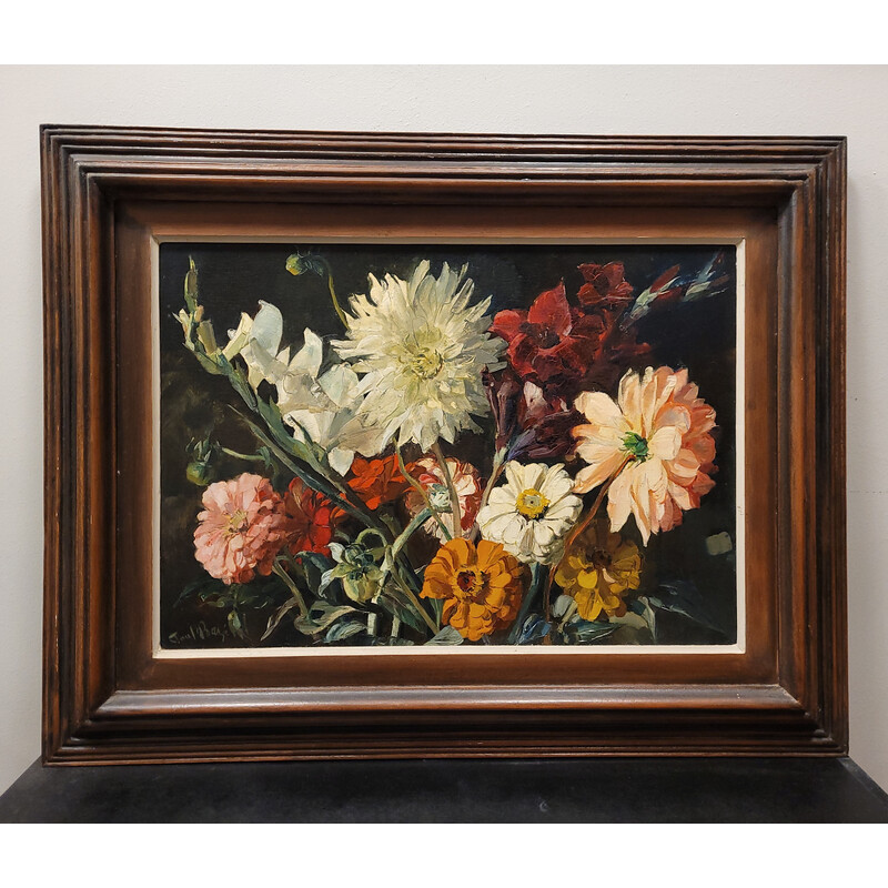 Vintage oil on panel depicting a still life and a bouquet of flowers by Paul Robert Bazé, France