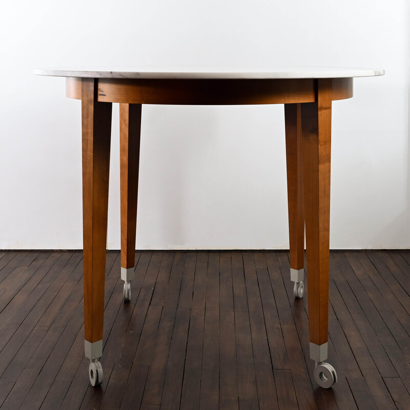 Table haute vintage Neoz en merisier teinté acajou et marbre blanc de Carrare par Philippe Starck, 1990