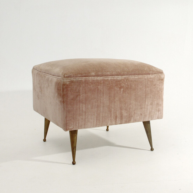 Tabouret en velours rose aux pieds en laiton - 1950