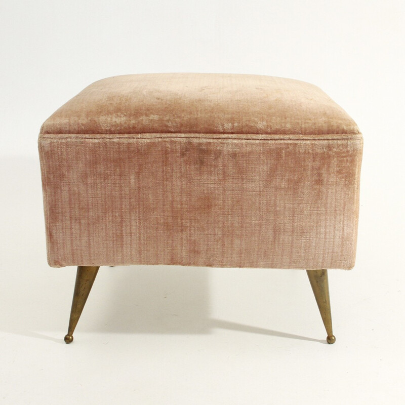 Pink velvet stool with brass legs - 1950s