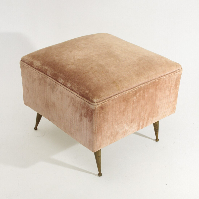 Pink velvet stool with brass legs - 1950s