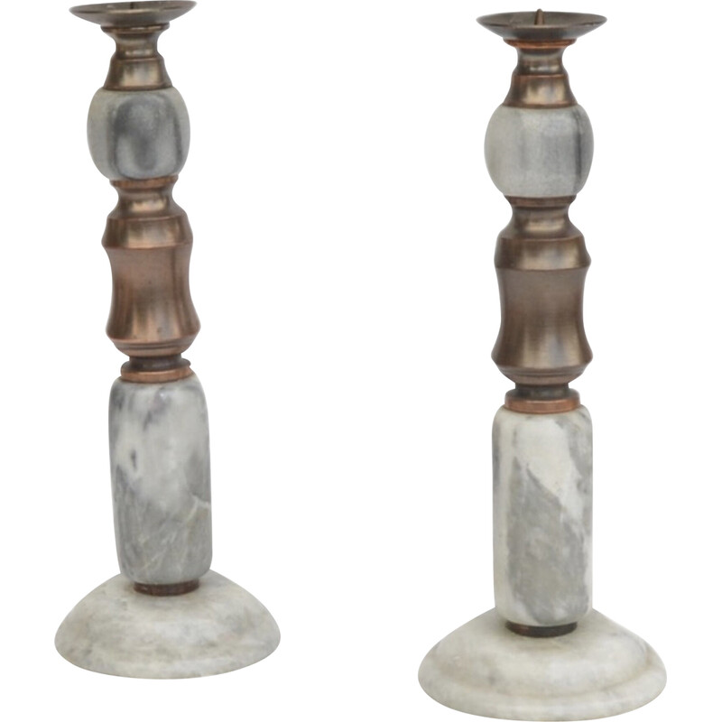 Pair of vintage marble finished stone and brass candlestick, Italy 1970