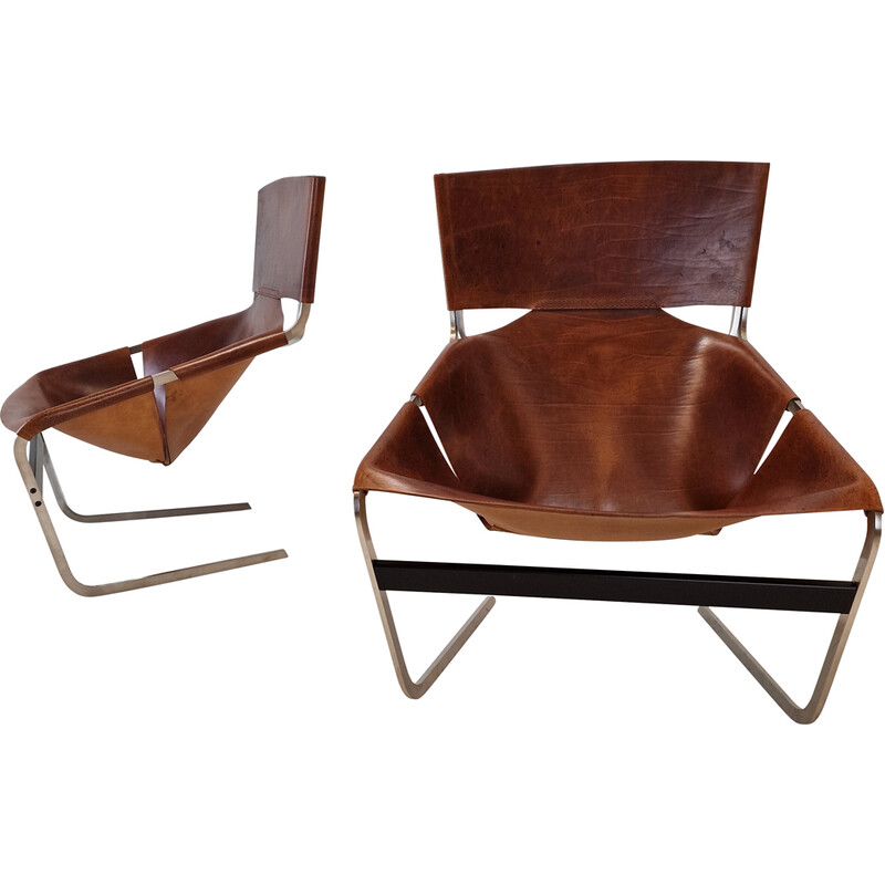 Pair of vintage model F444 armchairs in chrome and leather by Pierre Paulin for Artifort, Netherlands 1960