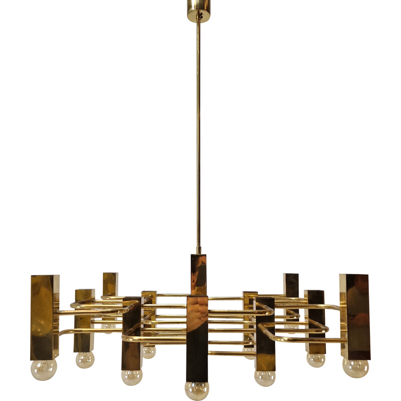 Vintage brass chandelier with 13 lights by Gaetano Sciolari, Italy 1970