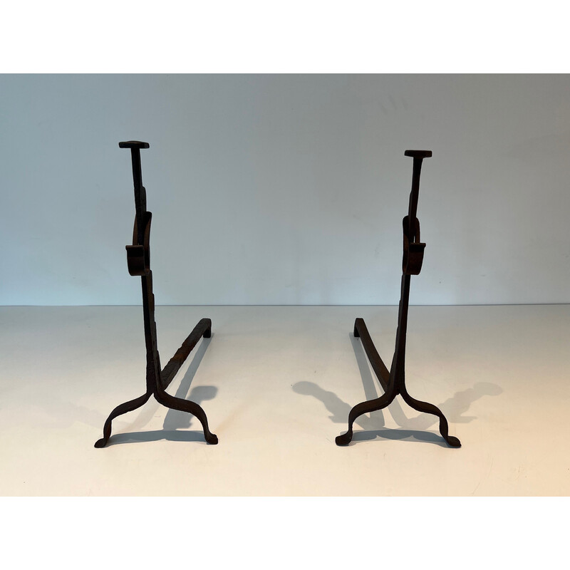 Pair of vintage wrought iron andirons with rack, France 1900