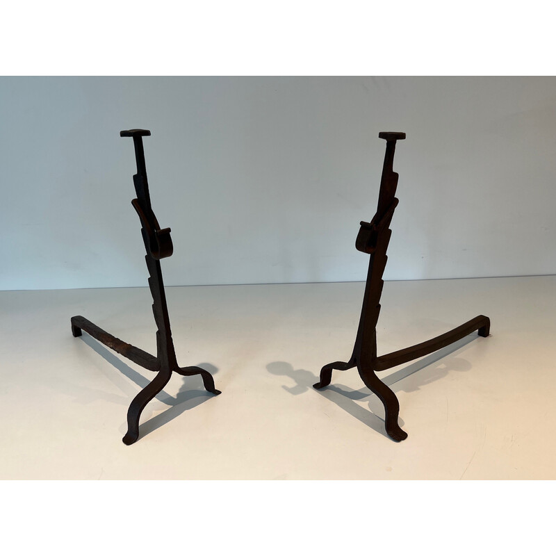 Pair of vintage wrought iron andirons with rack, France 1900