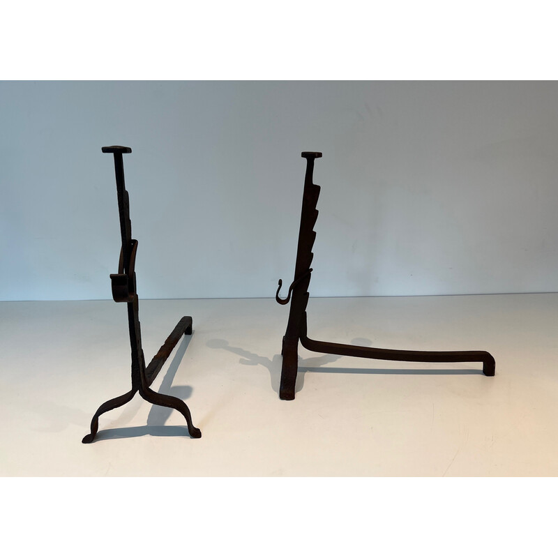 Pair of vintage wrought iron andirons with rack, France 1900