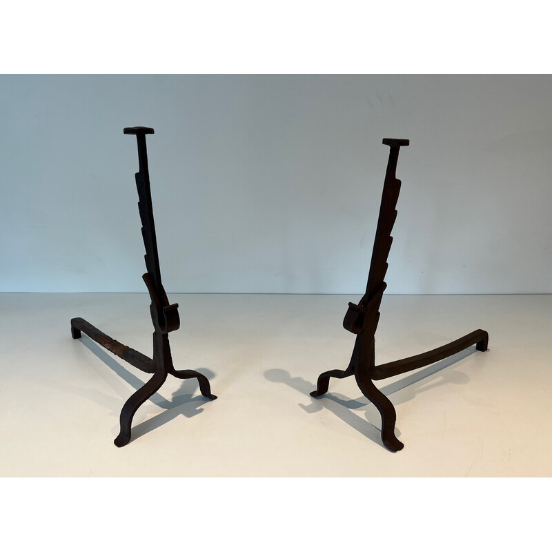 Pair of vintage wrought iron andirons with rack, France 1900
