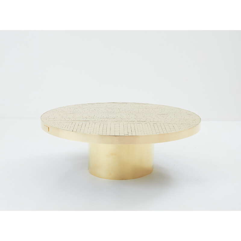 Vintage round mosaic and brass coffee table by Georges Mathias, Belgium 1970