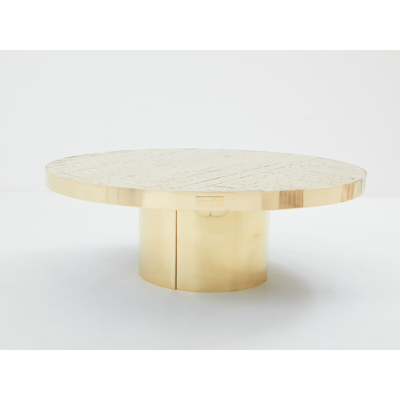 Vintage round mosaic and brass coffee table by Georges Mathias, Belgium 1970