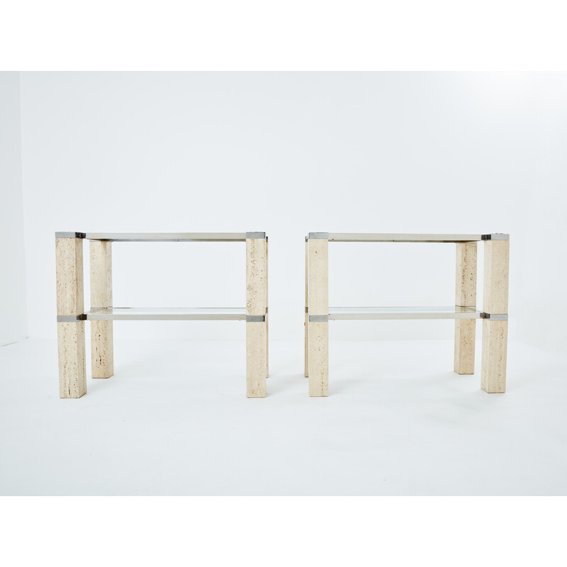 Pair of vintage travertine and chrome consoles by François Catroux for Studio Angeletti, Italy 1973