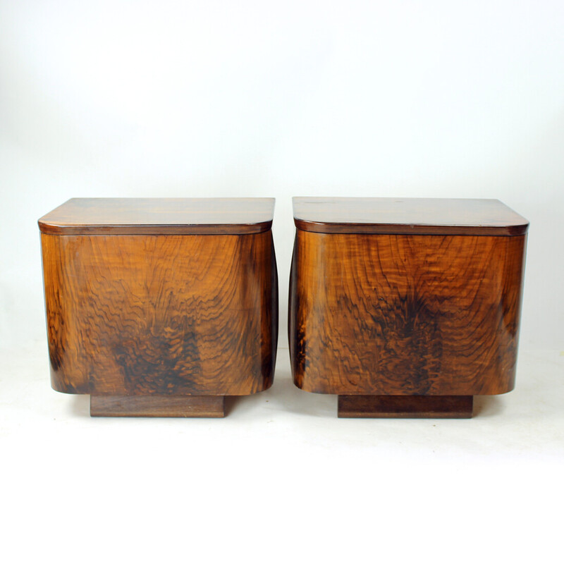 Pair of vintage Art Deco bedside tables in solid oak wood, Czechoslovakia 1940