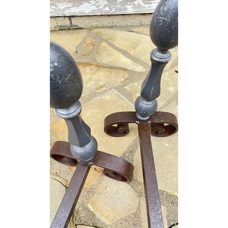 Pair of vintage steel and cast aluminum andirons