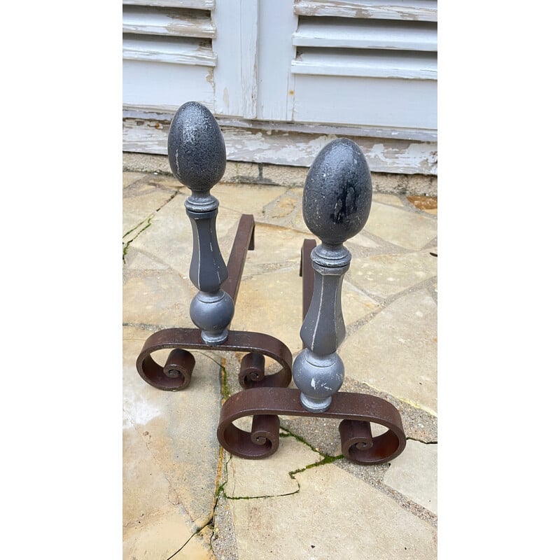 Pair of vintage steel and cast aluminum andirons