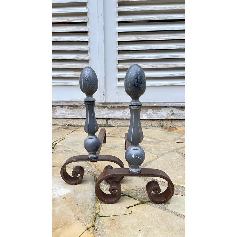 Pair of vintage steel and cast aluminum andirons