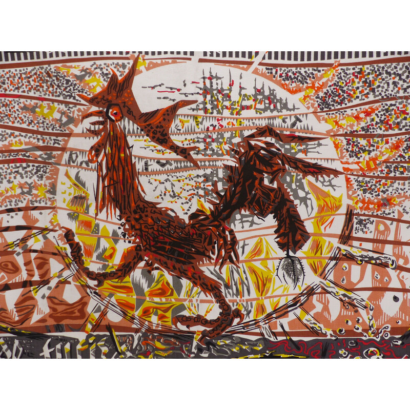 Vintage-Teppich "Le monde futile d'un coq à l'âne" (Die sinnlose Welt eines Hahns) von Delevallez, 1967