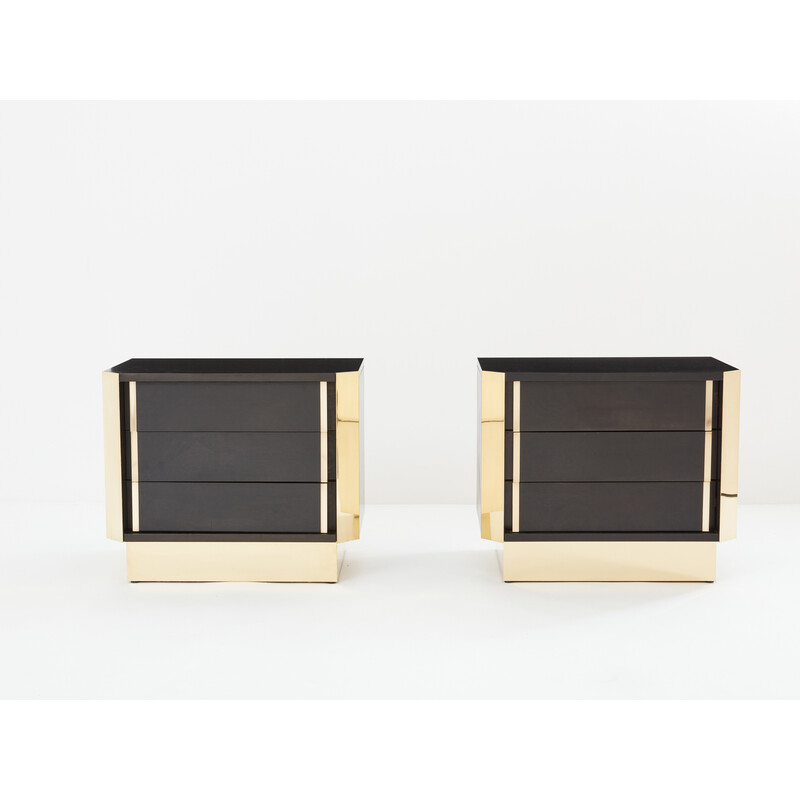 Pair of vintage bedside tables in black stained oak and brass, 1970