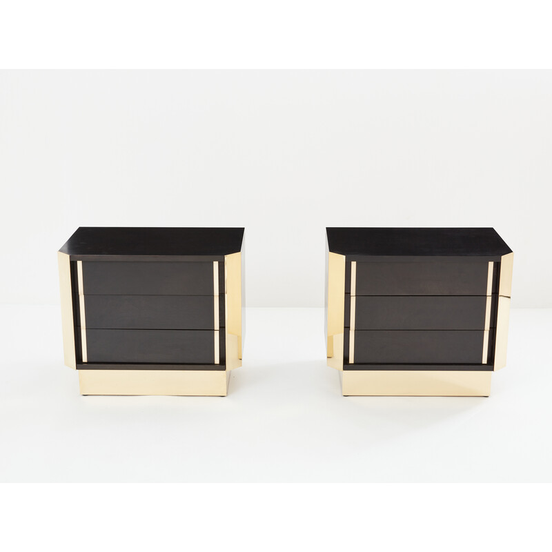 Pair of vintage bedside tables in black stained oak and brass, 1970