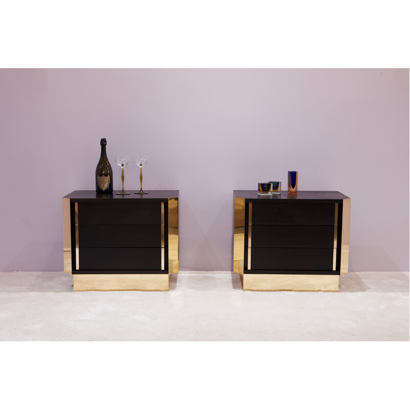 Pair of vintage bedside tables in black stained oak and brass, 1970