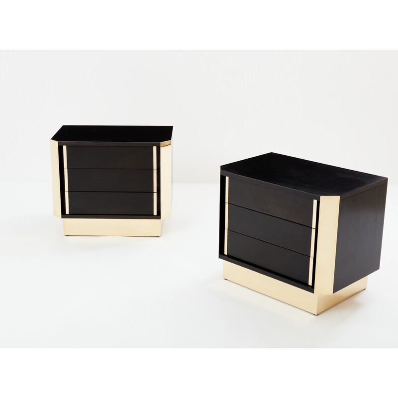 Pair of vintage bedside tables in black stained oak and brass, 1970