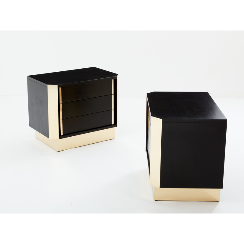 Pair of vintage bedside tables in black stained oak and brass, 1970